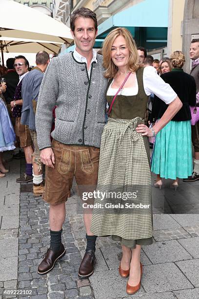 Oliver Fritz and Mon Muellerschoen, wearing a Dirndl by the label Owloon, during the 'Fruehstueck bei Tiffany' at Tiffany Store ahead of the...