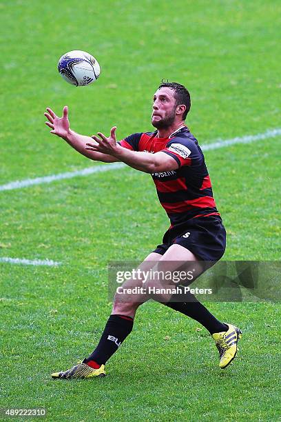 Tom Taylor of Canterbury collects the ball during the round six ITM Cup match between North Harbour and Canterbury at QBE Stadium on September 20,...