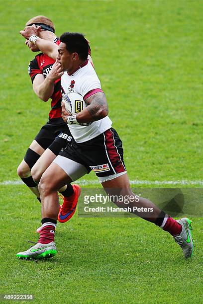 Pita Ahki of North Harbour fends off Johnny McNicholl of Canterbury during the round six ITM Cup match between North Harbour and Canterbury at QBE...