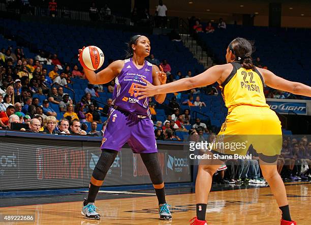 Noelle Quinn of the Phoenix Mercury looks to pass the ball against the Tulsa Shock during Game Two of the WNBA Western Conference Semifinals on...