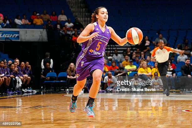 Leilani Mitchell of the Phoenix Mercury dribbles the ball against the Tulsa Shock during Game Two of the WNBA Western Conference Semifinals on...