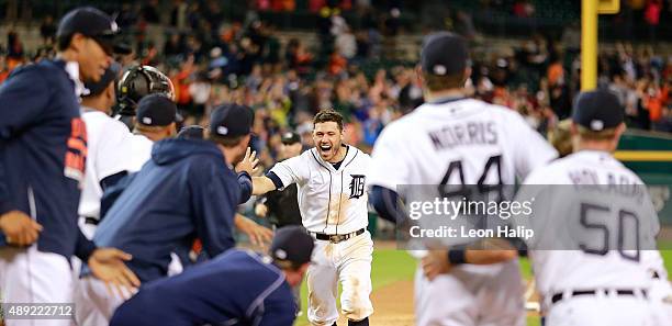 Ian Kinsler of the Detroit Tigers hits a game winning home run to left field in the eleventh inning of the game against the Kansas City Royals and...
