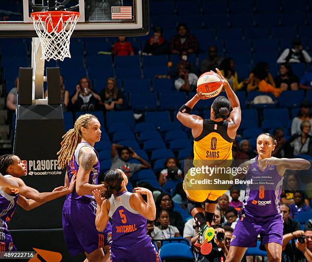 Odyssey Sims of the Tulsa Shock shoots the ball against the Phoenix Mercury during Game Two of the WNBA Western Conference Semifinals on September...