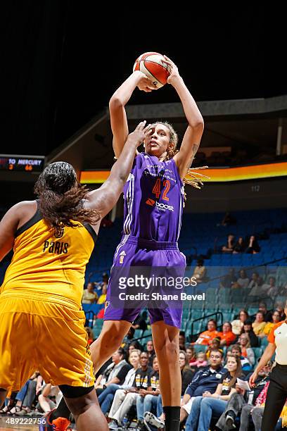 Brittney Griner of the Phoenix Mercury shoots the ball against the Tulsa Shock during Game Two of the WNBA Western Conference Semifinals on September...