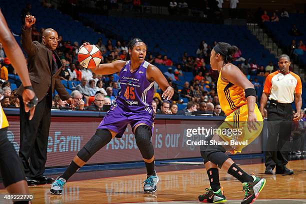 Noelle Quinn of the Phoenix Mercury dribbles the ball against the Tulsa Shock during Game Two of the WNBA Western Conference Semifinals on September...