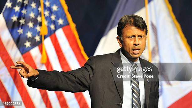 Republican Presidential hopeful and Louisiana Gov. Bobby Jindal speaks at the Iowa Faith & Freedom Coalition 15th Annual Family Banquet and...