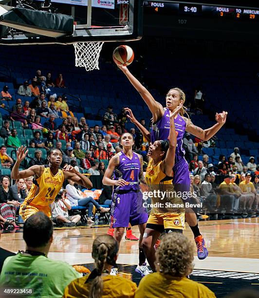 Brittney Griner of the Phoenix Mercury drives to the basket against the Tulsa Shock during Game Two of the WNBA Western Conference Semifinals on...