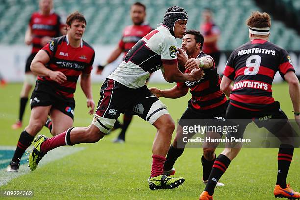 Gerard Tuioti-Mariner of North Harbour charges forward during the round six ITM Cup match between North Harbour and Canterbury at QBE Stadium on...