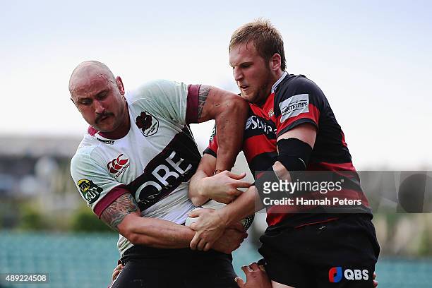 Hayden Triggs of North Harbour competes with Mitchell Dunshea of Canterbury in the lineout during the round six ITM Cup match between North Harbour...