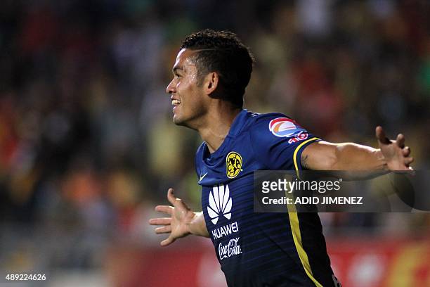 Andres Andrade of America celebrates his goal against Morelia during their Mexican Apertura 2015 tournament football match at the Jose Maria Morelos...