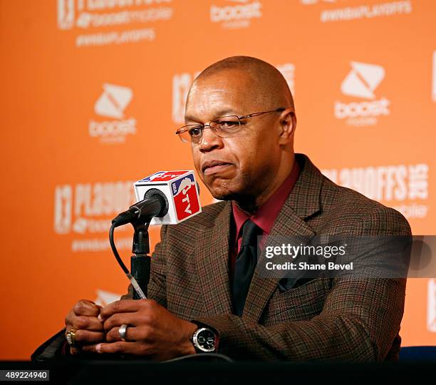 Fred Williams of the Tulsa Shock speaks to the media after Game Two of the WNBA Western Conference Semifinals against the Phoenix Mercury on...