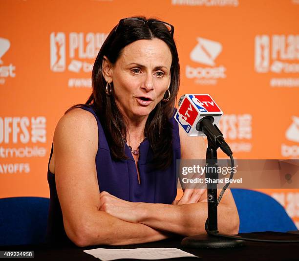 Sandy Brondello of the Phoenix Mercury speaks to the media after Game Two of the WNBA Western Conference Semifinals against the Tulsa Shock on...