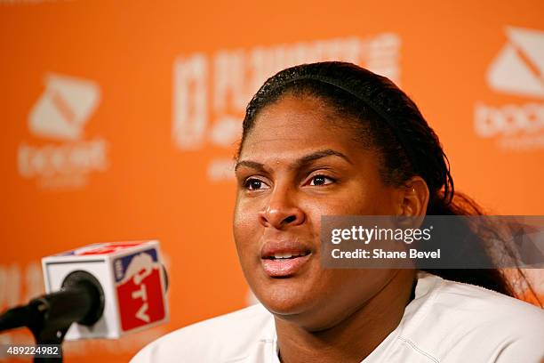 Courtney Paris of the Tulsa Shock speaks to the media after Game Two of the WNBA Western Conference Semifinals against the Phoenix Mercury on...