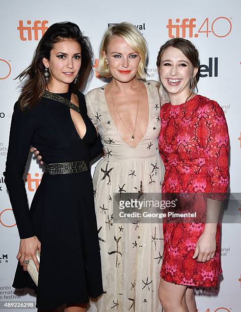 Actresses Nina Dobrev, Malin Akerman and Taissa Farmiga attend the "The Final Girls" premiere during the Toronto International Film Festival at...