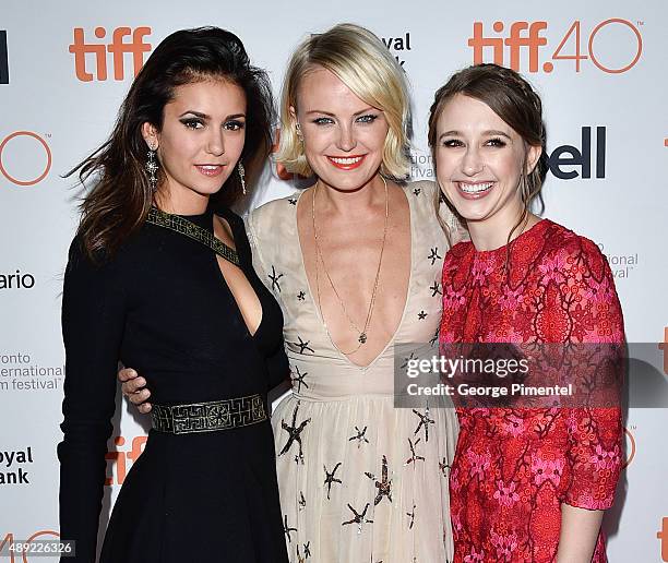 Actresses Nina Dobrev, Malin Akerman and Taissa Farmiga attend the "The Final Girls" premiere during the Toronto International Film Festival at...