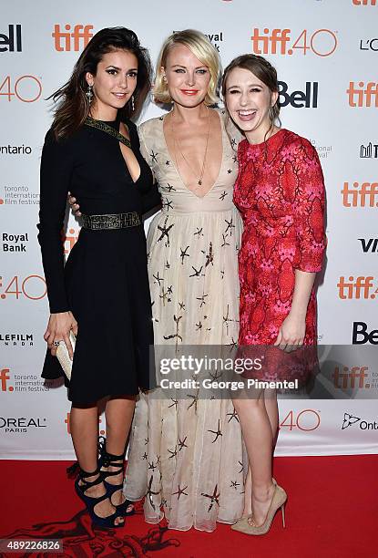 Actresses Nina Dobrev, Malin Akerman and Taissa Farmiga attend the "The Final Girls" premiere during the Toronto International Film Festival at...