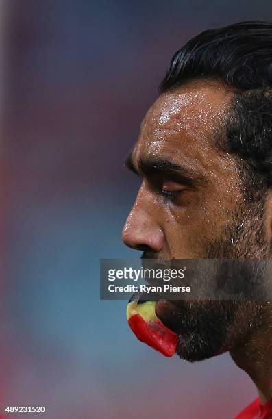 Adam Goodes of the Swans looks on during the First AFL Semi Final match between the Sydney Swans and the North Melbourne Kangaroos at ANZ Stadium on...