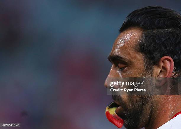 Adam Goodes of the Swans looks on during the First AFL Semi Final match between the Sydney Swans and the North Melbourne Kangaroos at ANZ Stadium on...