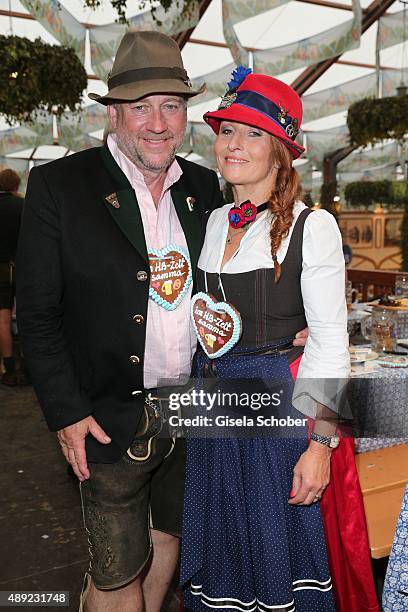 Birgitt Wolff and her partner Harold Faltermeyer during the Oktoberfest 2015 Opening at Hofbraeu beer tent at Theresienwiese on September 19, 2015 in...