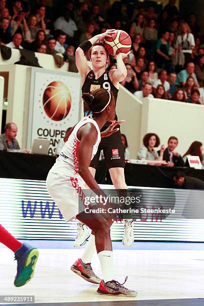 Celine Dumerc of Bourges Basket is shooting the ball against Johanne Gomis-Halilovic of ESB Villeneuve d'Ascq during the game between ESB Villeneuve...