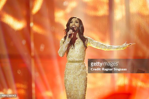 Conchita Wurst of Austria performs on stage during the grand final of the Eurovision Song Contest 2014 on May 10, 2014 in Copenhagen, Denmark.