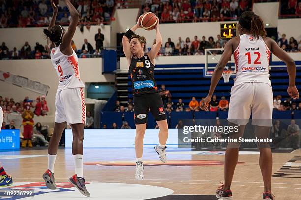 Celine Dumerc of Bourges Basket in action against Johanne Gomis-Halilovic of ESB Villeneuve d'Ascq during the game between ESB Villeneuve d'Ascq and...