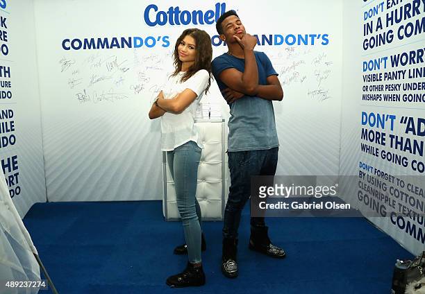 Actors Zendaya and Trevor Jackson attend Cottonelle Dares Celebrities to Go Commando at EXTRA's "WEEKEND OF | LOUNGE" produced by On 3 Productions...