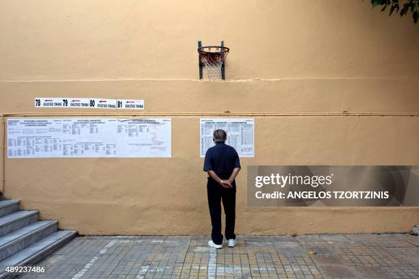 Man checks a list posted on a wall outside a polling station in Athens on September 20, 2015 as Greeks begin casting ballots for the third time this...