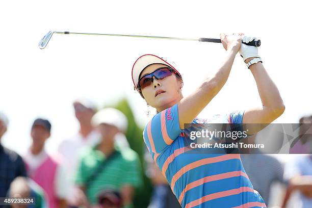 Ha-Neul Kim of South Korea hits her tee shot on the 6th hole during the final round of the Munsingwear Ladies Tokai Classic at the Shin Minami Aichi...