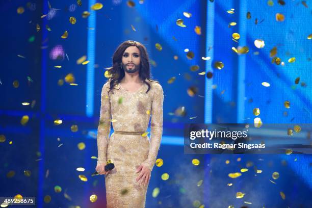 Conchita Wurst of Austria wins the Eurovision Song Contest 2014 on May 10, 2014 in Copenhagen, Denmark.