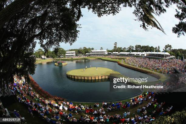View of the 17th green during the third round of THE PLAYERS Championship on the stadium course at TPC Sawgrass on May 10, 2014 in Ponte Vedra Beach,...