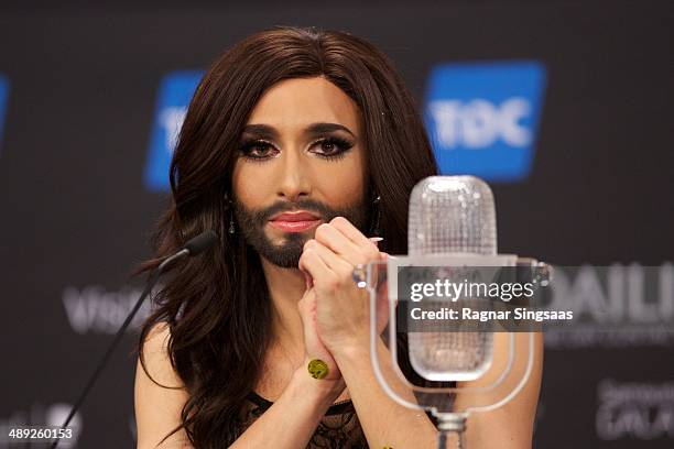 Conchita Wurst of Austria attends a press conference after winning the Eurovision Song Contest 2014 on May 10, 2014 in Copenhagen, Denmark.