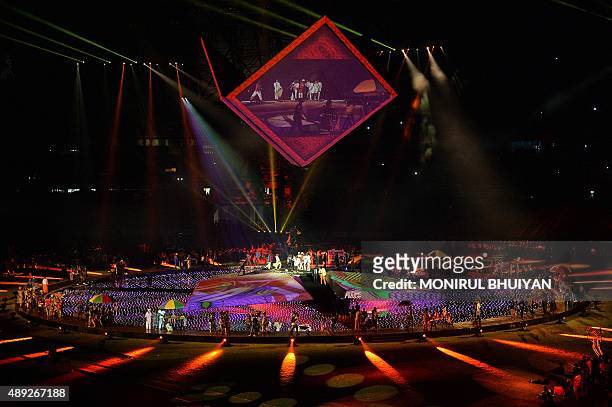 Artists perform during the closing ceremony of the 11th Africa Games in Brazzaville on September 19, 2015. This edition marks the 50th anniversary of...