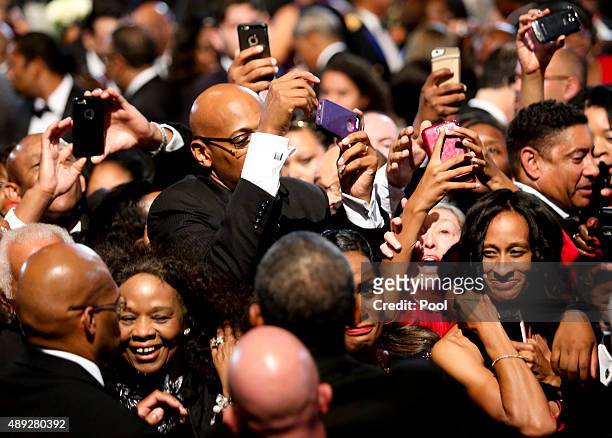President Barack Obama greets the crowd after delivering remarks at the Congressional Black Caucus Foundations 45th Annual Legislative Conference...