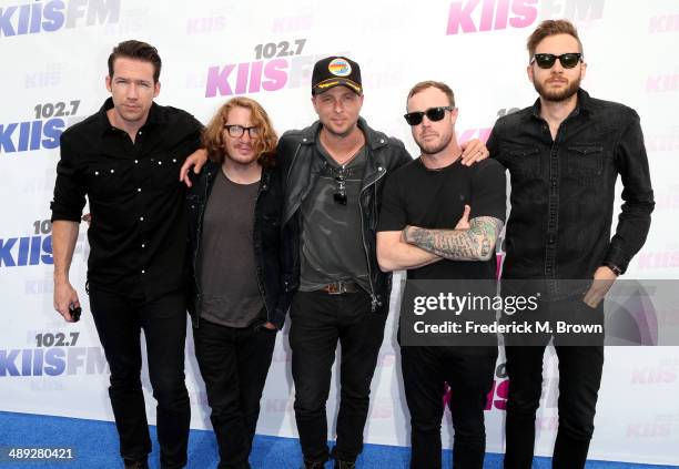 Musicians Zach Filkins, Drew Brown, Ryan Tedder, Eddie Fisher and Brent Kutzle of OneRepublic attend 102.7 KIIS FM's 2014 Wango Tango at StubHub...