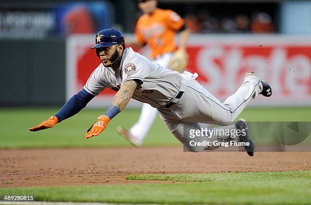 Jonathan Villar of the Houston Astros steals third base in the third inning against the Baltimore Orioles at Oriole Park at Camden Yards on May 10,...