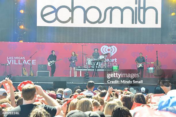 Jamie Sierota, Sydney Sierota and Graham Sierota of Echosmith performs at the Daytime Village at the 2015 iHeartRadio Music Festival on September 19,...