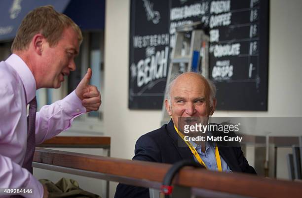 Leader of the Liberal Democrats Tim Farron greets Vince Cable on the second day of the Liberal Democrats annual conference on September 20, 2015 in...