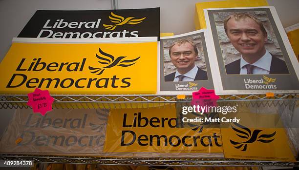 Prints displaying the picture of the leader of the Liberal Democrats Tim Farron are seen for sale on the second day of the Liberal Democrats annual...