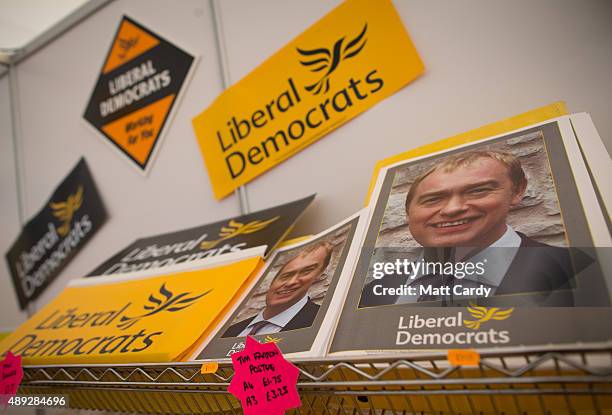 Prints displaying the picture of the leader of the Liberal Democrats Tim Farron are seen for sale on the second day of the Liberal Democrats annual...