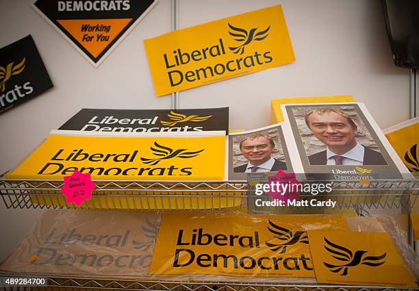 Prints displaying the picture of the leader of the Liberal Democrats Tim Farron are seen for sale on the second day of the Liberal Democrats annual...