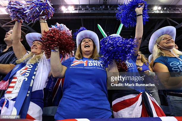 Great Britain fans cheer on the third day of the Davis Cup Semi Final 2015 between Great Britain and Australia at the Emirates Arena on September 20,...