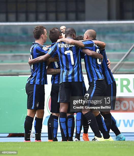 Mauro Emanuel Icardi of FC Internazionale Milano celebrates after scoring the opening goal during the Serie A match between AC Chievo Verona and FC...