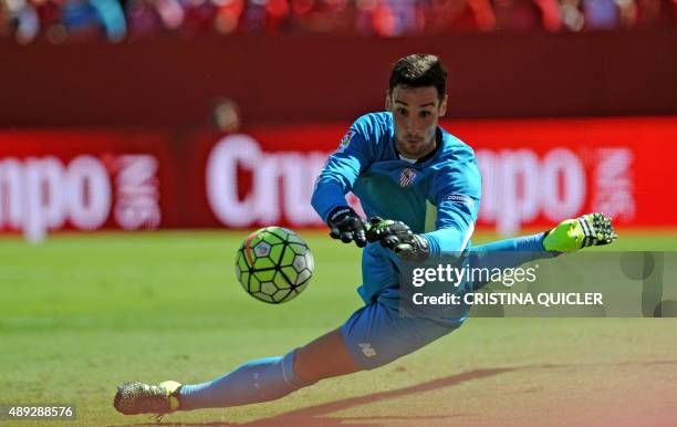 Sevilla's goalkeeper Sergio Rico Gonzalez goes for a ball during the Spanish league football match Sevilla FC vs Celta de Vigo at the Ramon Sanchez...