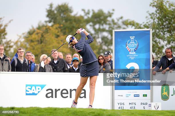 Paua Creamer of the United States Team shots the ball at the 2nd tee during the Sundays single matches in the 2015 Solheim Cup at St Leon-Rot Golf...