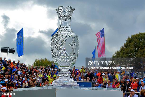 The Solheim Cup trophy is displayed at the first tee during the Sundays single matches in the 2015 Solheim Cup at St Leon-Rot Golf Club on September...