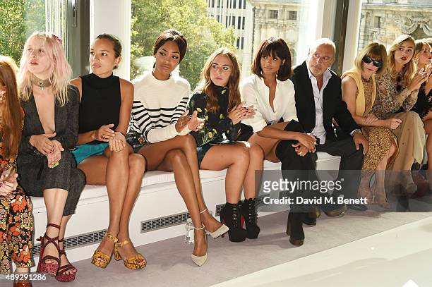 Harriet Verney, Phoebe Collings-James, Jourdan Dunn, Chloe Green, Ciara, Sir Philip Green, Anna Wintour and Suki Waterhouse sit in the front row at...