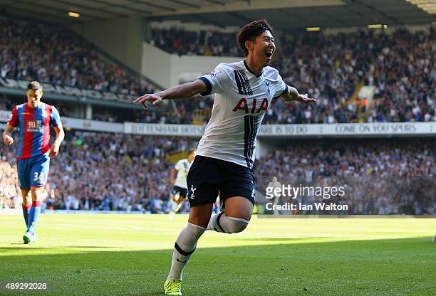 Son Heung-Min of Tottenham Hotspur celebrates scoring the opening goal during the Barclays Premier League match between Tottenham Hotspur and Crystal...