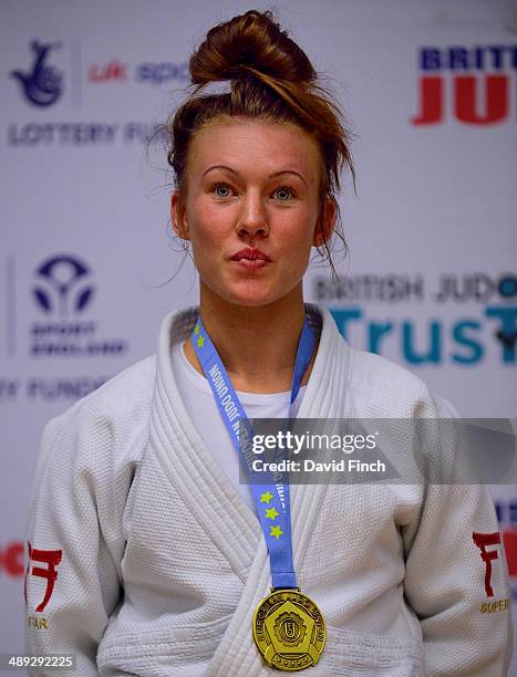 Under 52kg gold medallist, Kelly Edwards of Great Britain, during the London British Open Senior European Judo Cup at the K2 Arena on May 10, 2014 in...