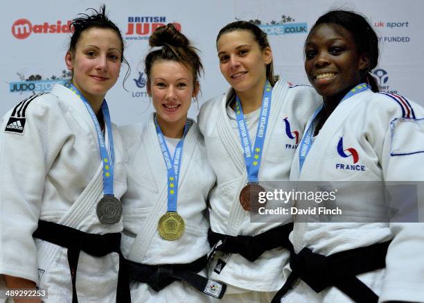 Under 52kg medallists : Silver: Louise Raynard FRA, Gold: Kelly Edwards GBR, Bronzes: Issoumaila Aurelia FRA and Julia Rosso FRA during the London...